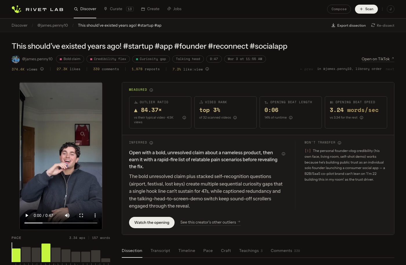 A real dissection: the specimen video's measured stats, hook reading, and structure beats